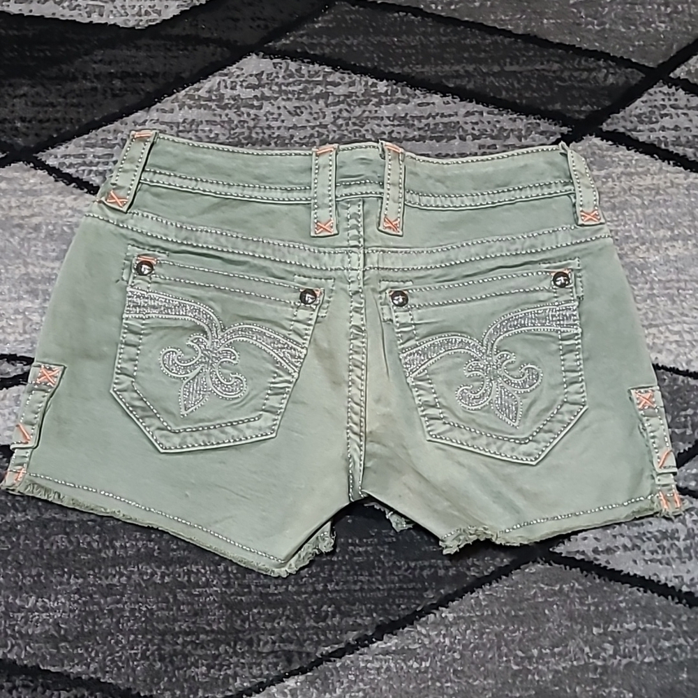 ROCK REVIVAL OLIVE MID-RISE EMBROIDERED DENIM JEAN SHORTS